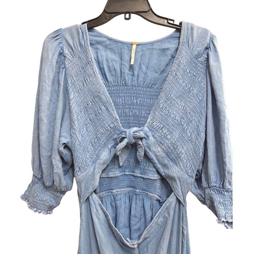 Free People String Of‎ Hearts Boho Blue Maxi Dress Blue Cutout Smocked Large - Picture 6 of 11